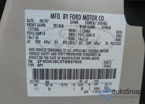 2007 Ford Edge Sel from USA, damaged, VIN 2FMDK38C57BB57605